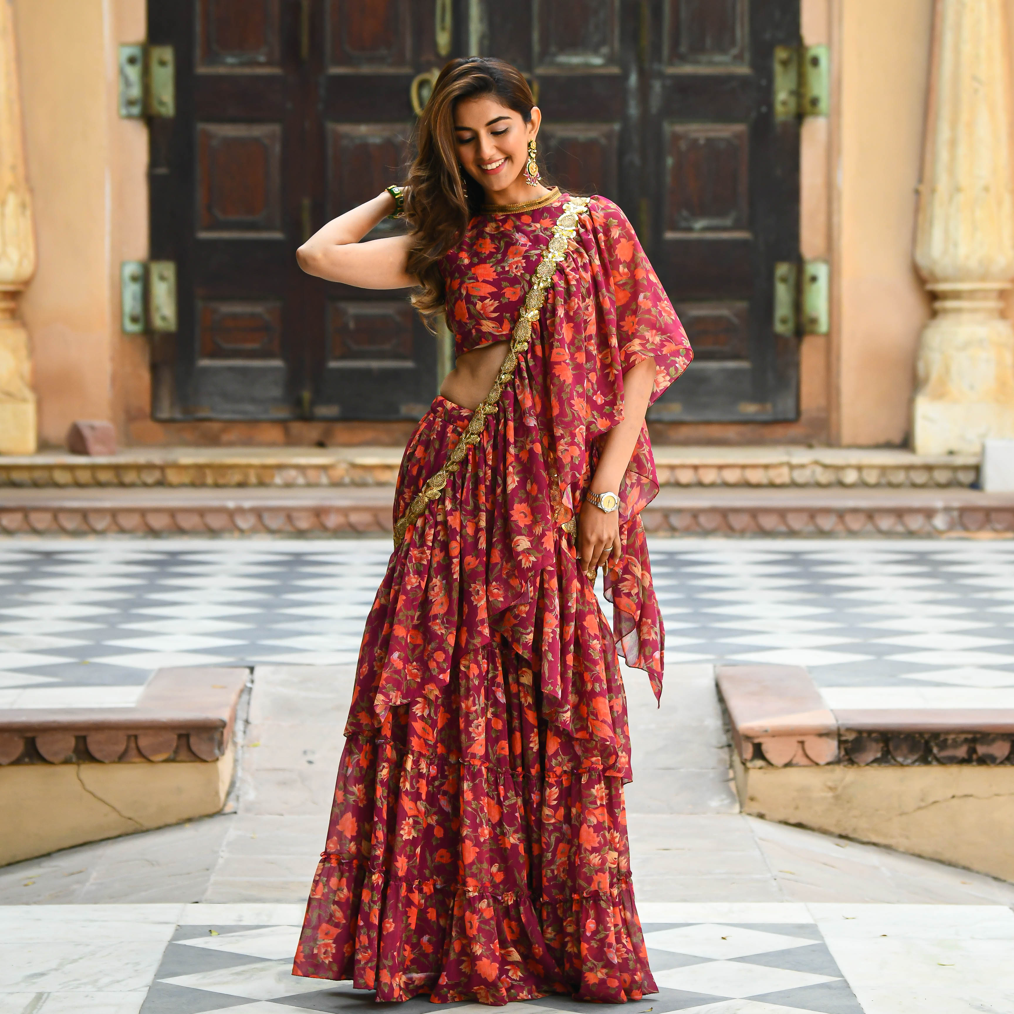 Maroon Floral Fusion Georgette Saree Online